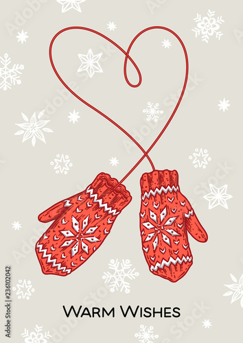 Vintage mittens with warm wishes inscription