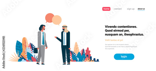 two men chat bubbles communication speech dialogue arabic businessman cartoon character background full length copy space horizontal flat