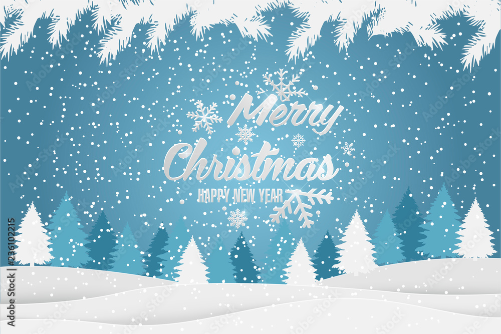 Christmas and New Year Typographical Xmas background with winter landscape. Merry Christmas card. Vector Illustration