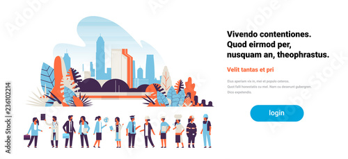people different occupations stay together communication concept cityscape background horizontal man woman cartoon characters copy space