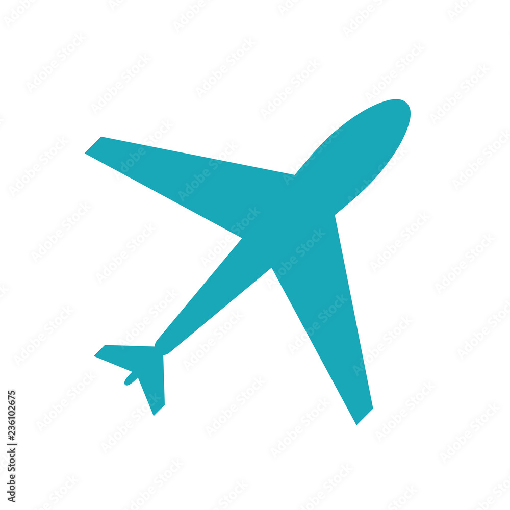 Web icon of blue airplane, plane isolated on white background. Airport icon, airplane shape. Flat airplane. White airplane icon, shape, label, symbol. Graphic design element for logo, web and print.