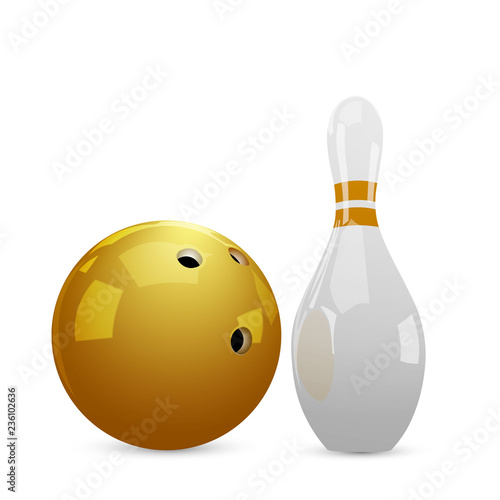 Bowling orange ball and skittles. Vector illustration.