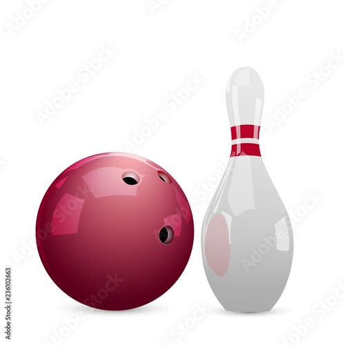 Bowling red ball and skittles. Vector illustration.