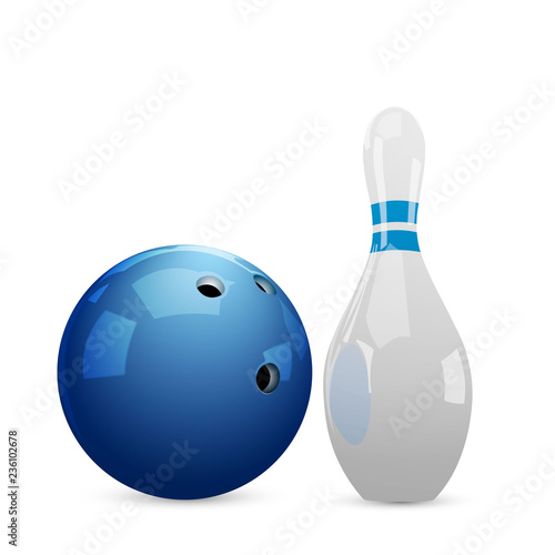 Bowling blue ball and skittles. Vector illustration.