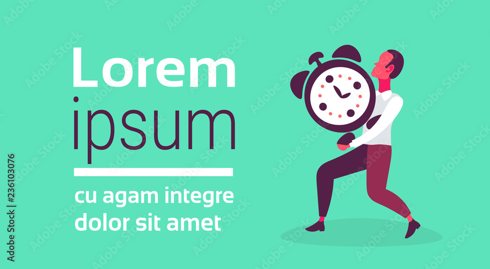 businessman holding clock alarm deadline concept cartoon character full length flat horizontal copy space businessman holding clock alarm deadline concept cartoon character full length flat horizontal copy space