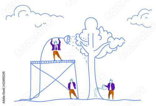 businessman watering tree plant business growth concept future success strategy team working process sketch doodle horizontal