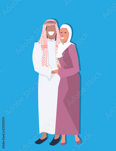 Arabic couple standing together wearing traditional clothes happy arab man woman cartoon character avatar blue background flat full length vertical