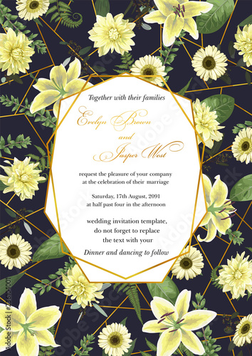 Wedding floral invitation, invite card. Vector watercolor , green forest leaf, fern, branches, buxus, eucalyptus. Flowers of white lily, gerbera, dahlia. Decorative geometric frame vertical