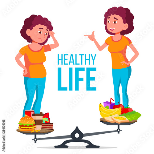Fat And Slim Girl On The Scales With Healthy And Unhealthy Food Vector. Isolated Cartoon Illustration
