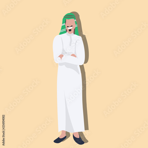 Arabic business man icon folded hands wearing traditional clothes arab businessman male cartoon character avatar full length flat