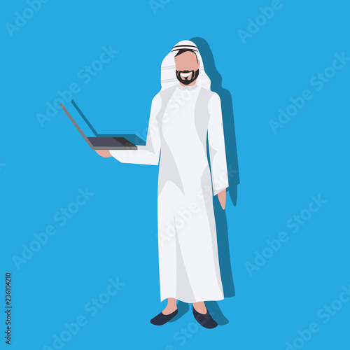 Arabic business man using laptop wearing traditional clothes arab businessman male cartoon character avatar blue background full length flat