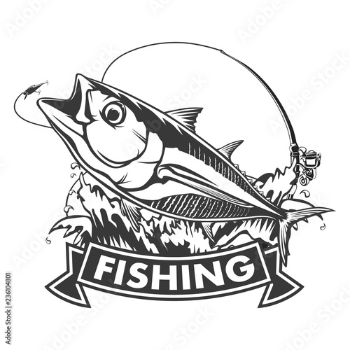 Tuna big fishing on white logo illustration. Vector illustration can be used for creating logo and emblem for fishing clubs, prints, web and other crafts.
