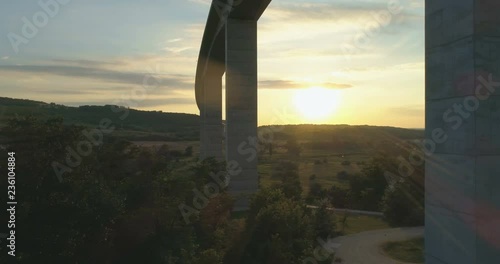 Aerial shot of M7 motorway Viaduct in Hungary at sunset with lake Balaton in view