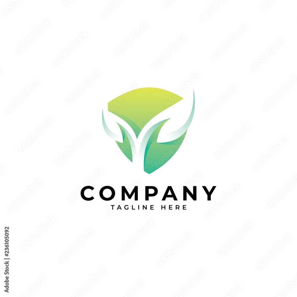 Modern nature security logo, green leaf and shield vector icon