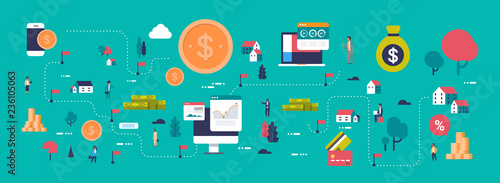 e-commerce map money payment online computer mobile connection application concept isometric electronic cash transfer manager support flat horizontal banner
