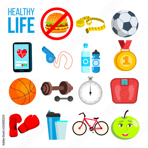 Sports Nutrition Concept. Vitamins, Minerals, Dumbbells, Scales Vector. Isolated Cartoon Illustration