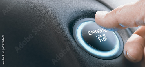 Photographie Man Pushing An Engine Start Button, Ignition Switch.