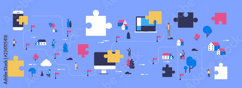 puzzle pieces problem solution concept jigsaw parts isometric map blue background flat horizontal banner