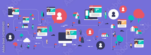 social profiling map online media isometric network interface design wan woman profile mobile computer application concept flat horizontal banner