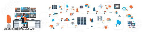businessman analytic monitor graph over data network flowchart server map isometric cloud storage synchronization concept horizontal banner flat isolated