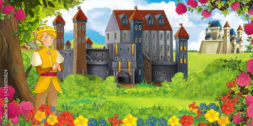 Cartoon nature scene with beautiful castles near the forest with handsome young boy - illustration for the children