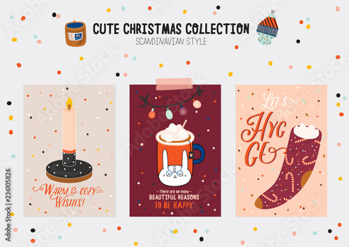 Christmas kit of cute winter postars and cards. New Year elements and holiday typography. Isolated. Scandinavian style illustration good for stickers, labels, tags, cards, posters. Vector photo