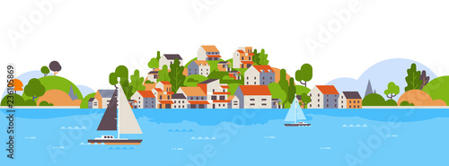 boats over beach seaside island houses hotels background sea yacht coast summer vacation concept flat horizontal banner
