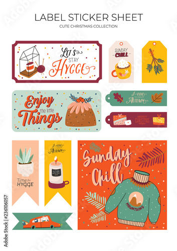 Cute nordic gift labels, stickers and tags with autumn and winter elements. Isolated on white background. Motivational typography of hygge quotes. Scandinavian style illustration. Vector