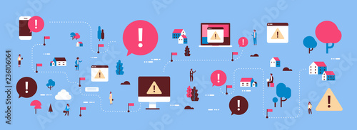 problem broken mobile computer device virus attack isometric map attention warning concept exclamation mark icon notification horizontal banner flat