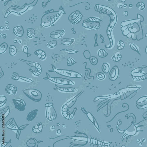 Fish and seafood hand drawn seamless pattern