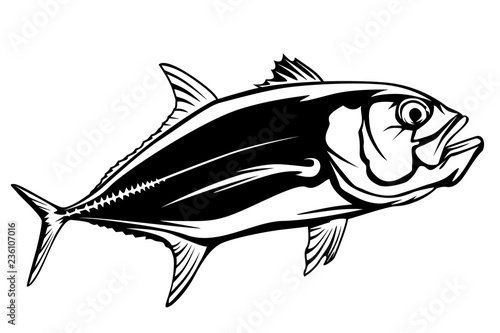 Fishing emblem of  permit isolated on white. Bone fish logo in blue colours. Ocean theme background.