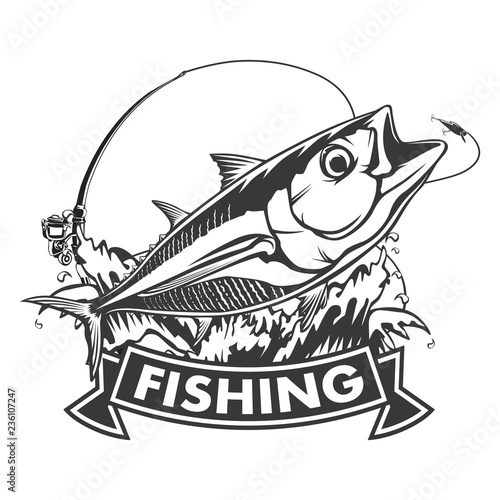 Tuna big fishing on white logo illustration. Vector illustration can be used for creating logo and emblem for fishing clubs, prints, web and other crafts.