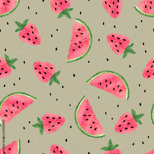 Seamless pattern with watercolor watermelon and strawberry.