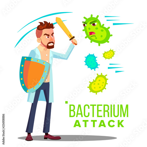 Allergist Reflecting Bacterium Attack Vector. Isolated Cartoon Illustration