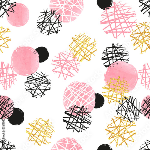 Seamless dotted pattern with pink, black and golden circles. Vector abstract ...