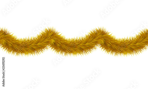 Vector detailed seamless tinsel isolated on white background. Gold christmas decoration. Golden garland for holiday design. Curved festive frippery.