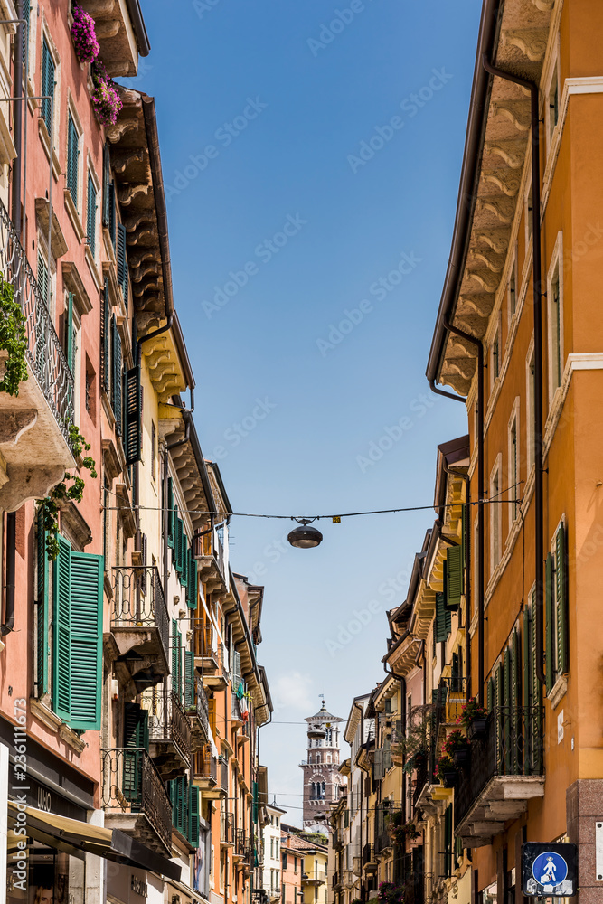 A view of Torre dei Lamberti in Verona, Italy from the city streets