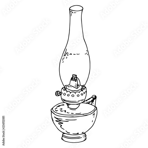 Kerosene lamp. Oil lamp. Vector of a kerosene lamp. Hand drawn old oil lamp.