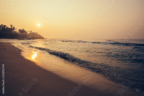 Landscape of tropical island beach with palm trees in the sunrise