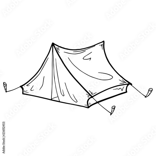 Tent. Tourist tent. Vector illustration of a camping tent. Hand drawn tent for hiking and tourism.