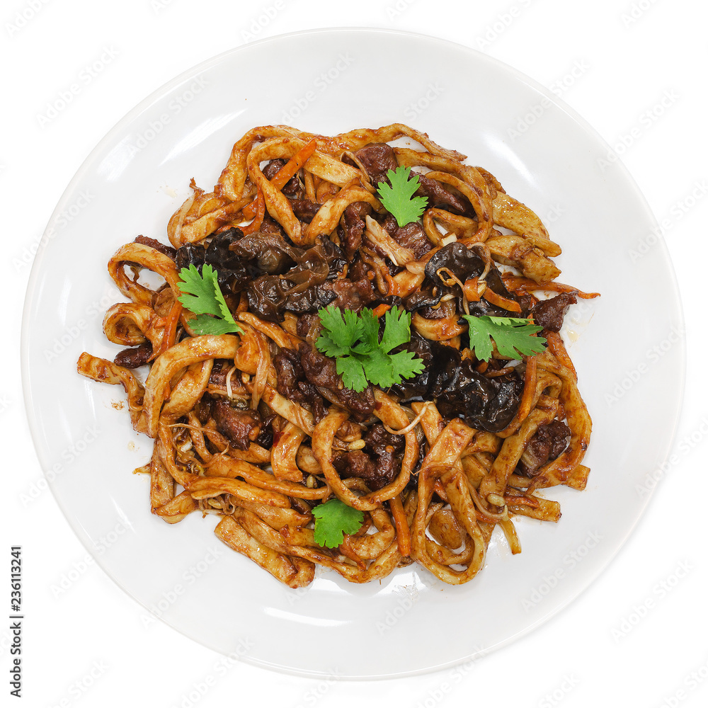 Noodles wok with meat and vegetables on white background
