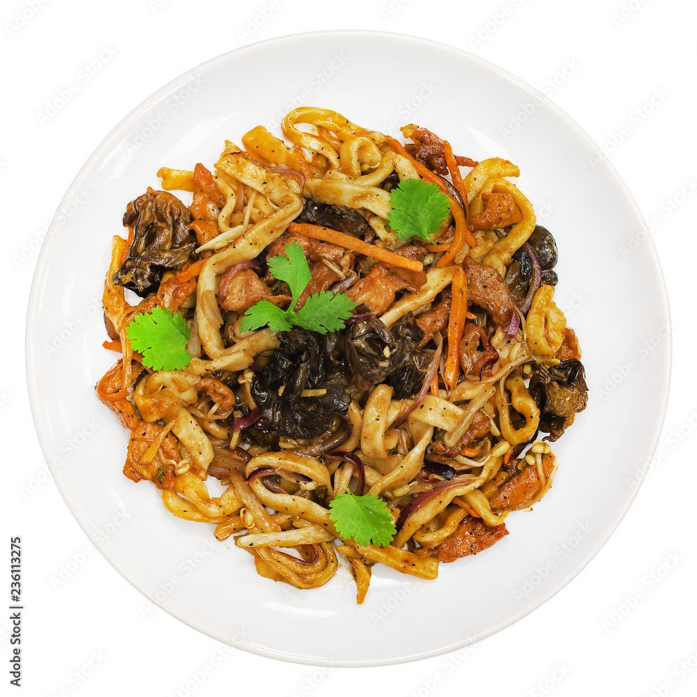 Noodles wok with meat and vegetables on white background Noodles wok with meat and vegetables on white background