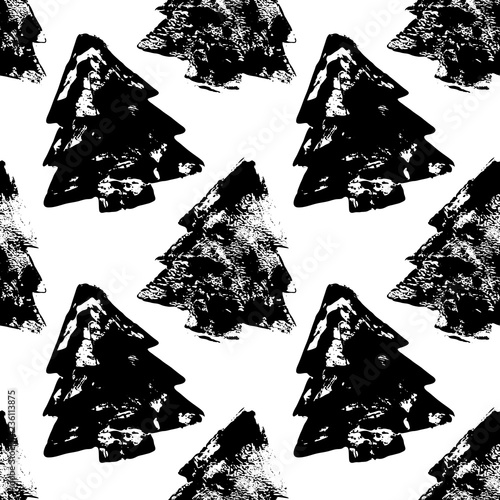 Abstract black and white vector seamless hand drawn pattern with brush painted christmas trees. Xmas modern brush strokes background. Trendy holiday design for wrapping, surface texture, wallpaper...