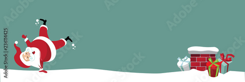 Cartoon Santa Claus doing a cartwheel into a chimney while his reindeer watches and laughs. Eps10 vector illustration.