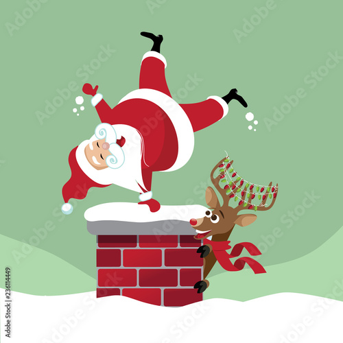 Cartoon Santa Claus doing a cartwheel into a chimney while his reindeer watches and laughs. Eps10 vector illustration.