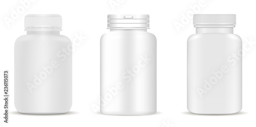 Medical bottles set. White containers for drugs, pills, supplements. 3d jar vector illustration.