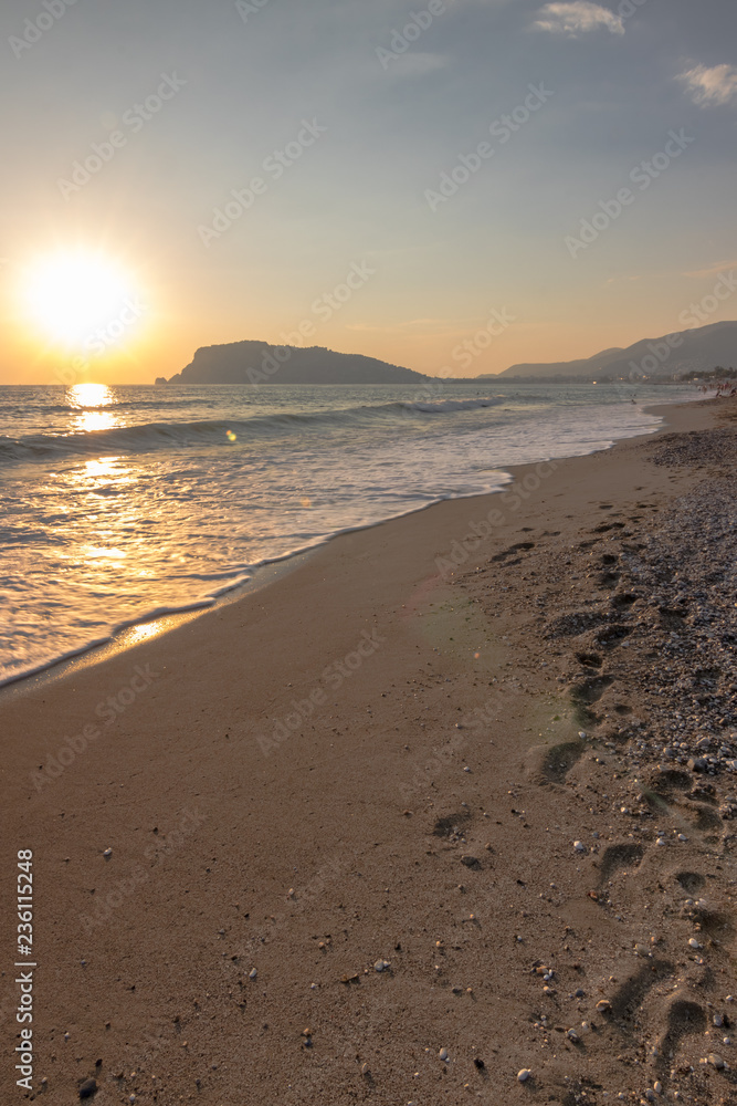 Tropical sea beach on summer vacation. Beach with white sand. Alanya, Turkey