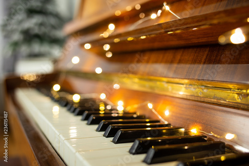 Canvas Print Piano keyboard with christmas light in the evening