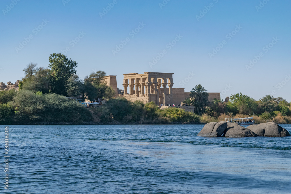Philae temple and island in the reservoir of the Aswan Low Dam, downstream of the Aswan Dam and Lake Nasser, Egypt. 