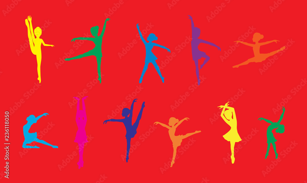 Fototapeta premium Various Ballet Poses Colorful Silhouette Vector Illustration